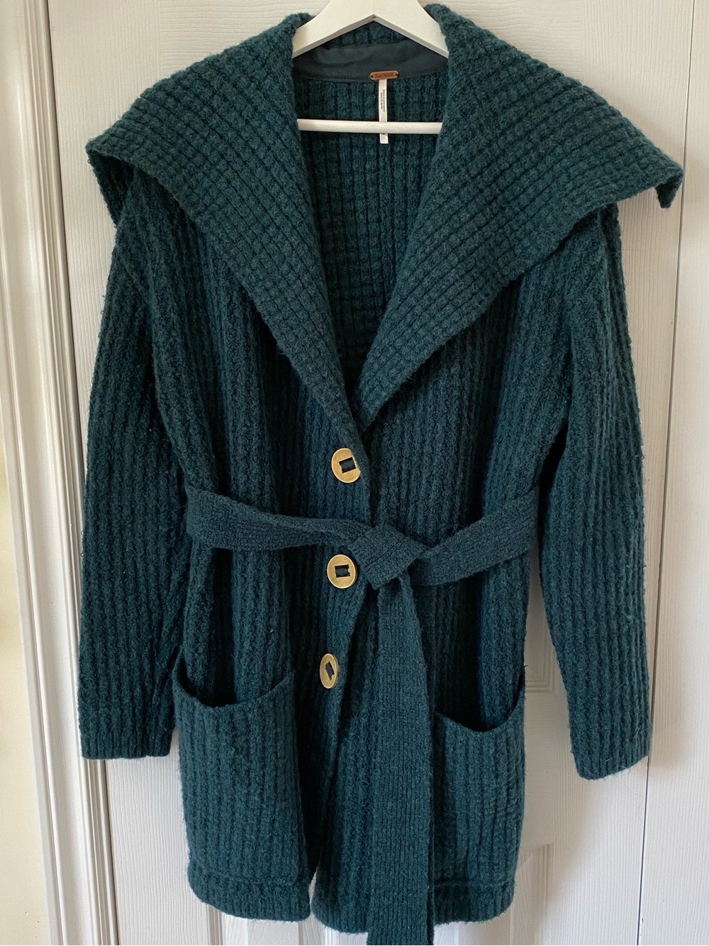 Free People Knit Belted Cardigan Coat Teal / Forest Green wood buttons Medium